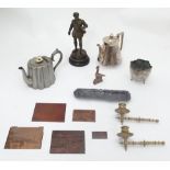 Assorted metal ware to include printers blocks, silver plate teapot etc Please Note - we do not make