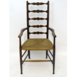 Early 19thC beech ladder back armchair with envelope rush seat Please Note - we do not make