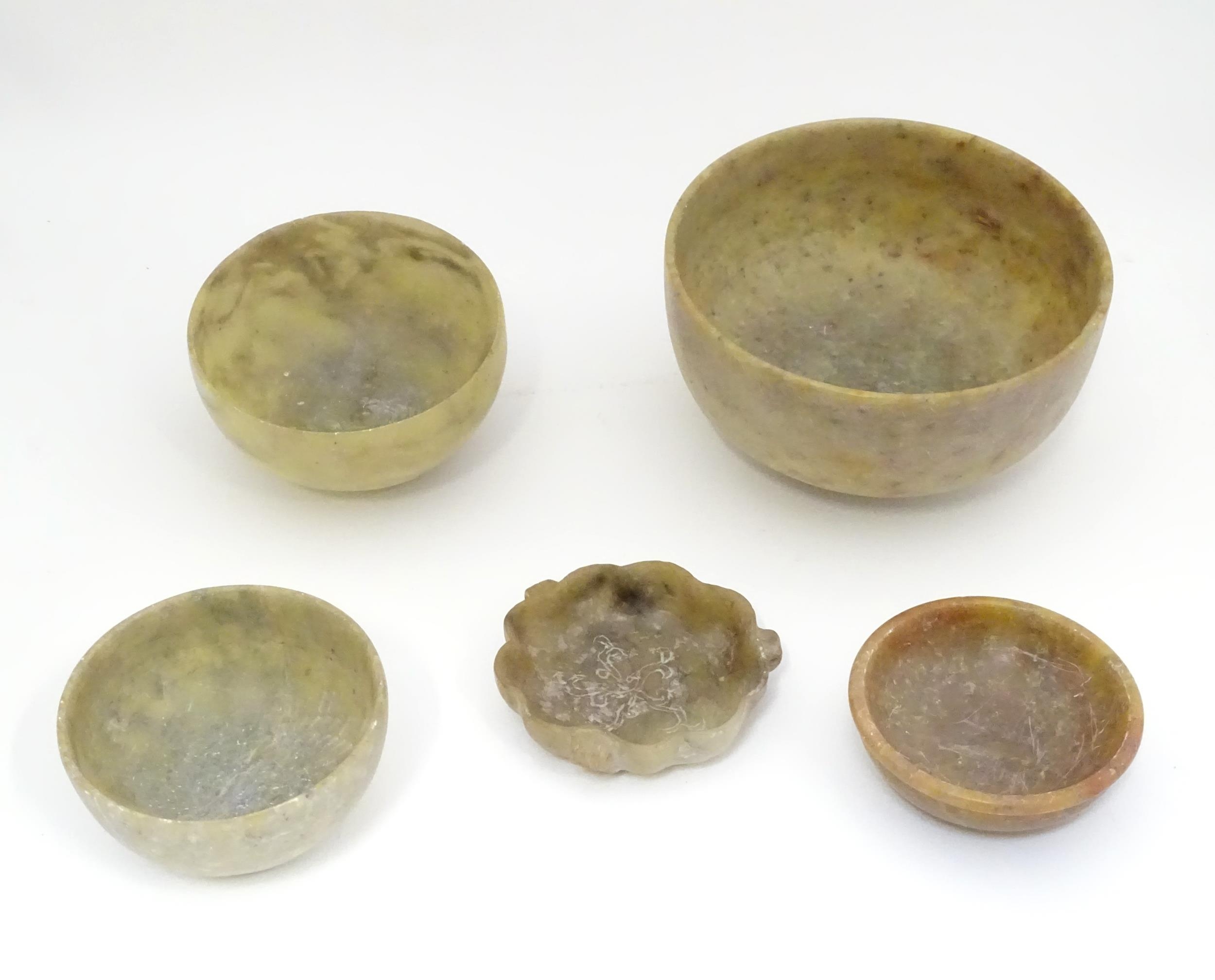 5 assorted Oriental soapstone bowls / dishes Please Note - we do not make reference to the condition