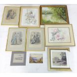 Assorted pictures to include an oil on canvas depicting a willow tree over a river, signed A '89,