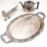 A silver plated tray together with a teapot and a model of a golden pheasant bird (3) Please