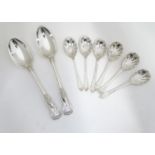 A pair silver plated king's pattern serving spoons, together with a set of 6 Art Nouveau silver