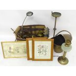 A quantity of miscellaneous items to include a coal scuttle, oil lamp, horse brasses, prints, etc.