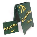 A shop A-frame board, The Gallery Open, together with a matching hanging sign Please Note - we do