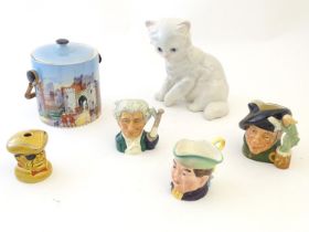 A quantity of assorted ceramics comprising a New Hall lidded biscuit barrel / jar depicting the