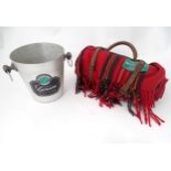 A Wimbledon Championship champagne ice bucket and a tartan picnic blanket in leather carrier