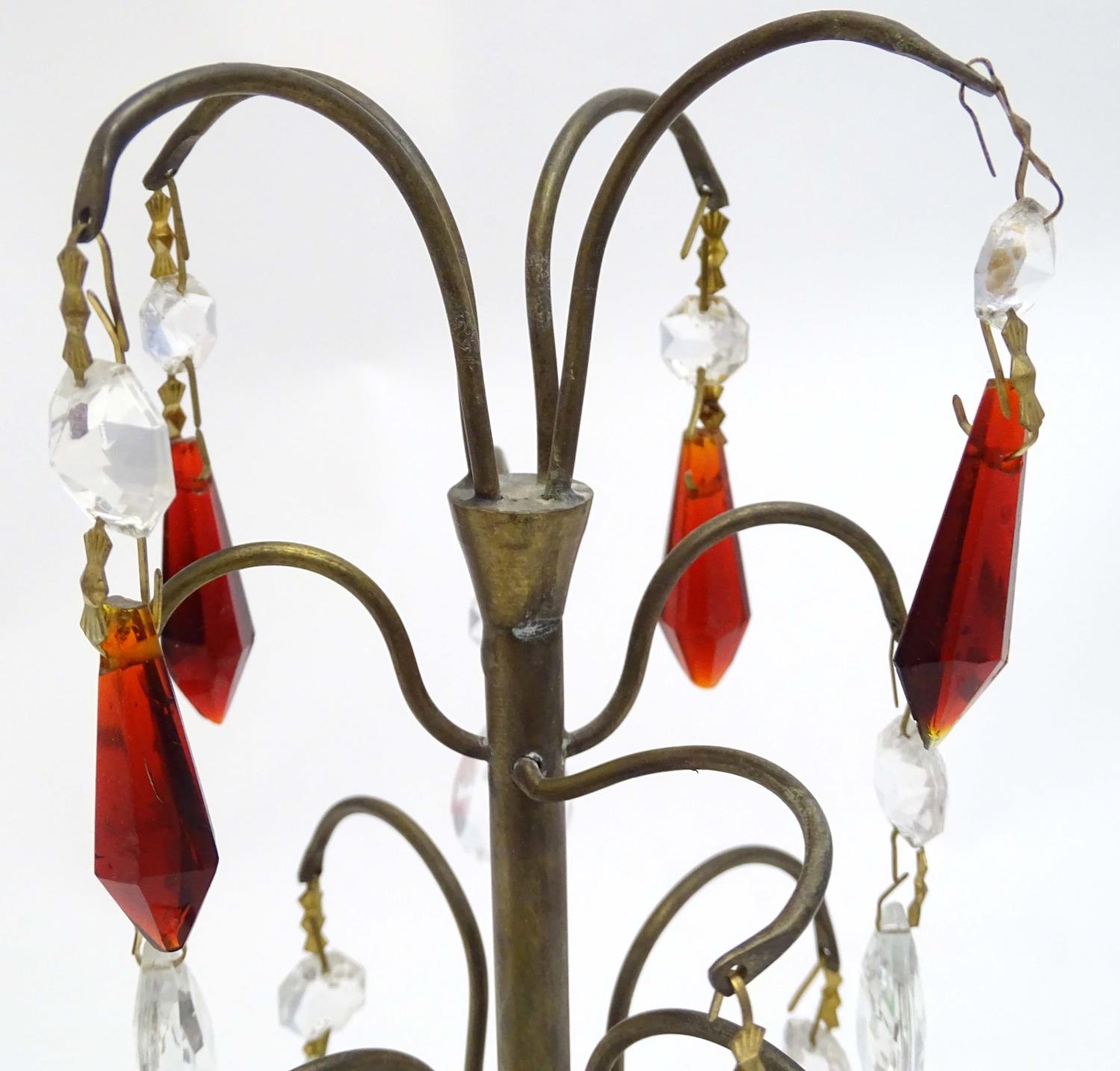 A 20thC brass candelabra / candelabrum with four branches and cups, decorated with red, green, - Bild 8 aus 10