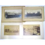 Four Victorian sepia photographs depicting railway engines / trains, one with a passengers on a