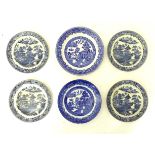 Six Willow Pattern blue and white plates. Largest approx 10" diameter (6) Please Note - we do not