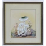 20th century, Watercolour and gouache, A study of mushrooms / fungi with flowers, foliage and