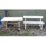 A Victorian garden bench with wrought iron mounts and wooden slatted seat, white painted finish,