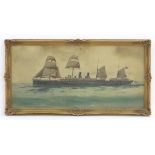 Early 20th century, Neapolitan School, Watercolour, A steam sailing ship / boat at sea, flying a
