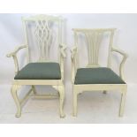 2 white painted carved chairs with upholstered seats Please Note - we do not make reference to the