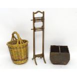 Assorted items comprising a woolwinder, a weaved basket, and a wooden basket Please Note - we do not
