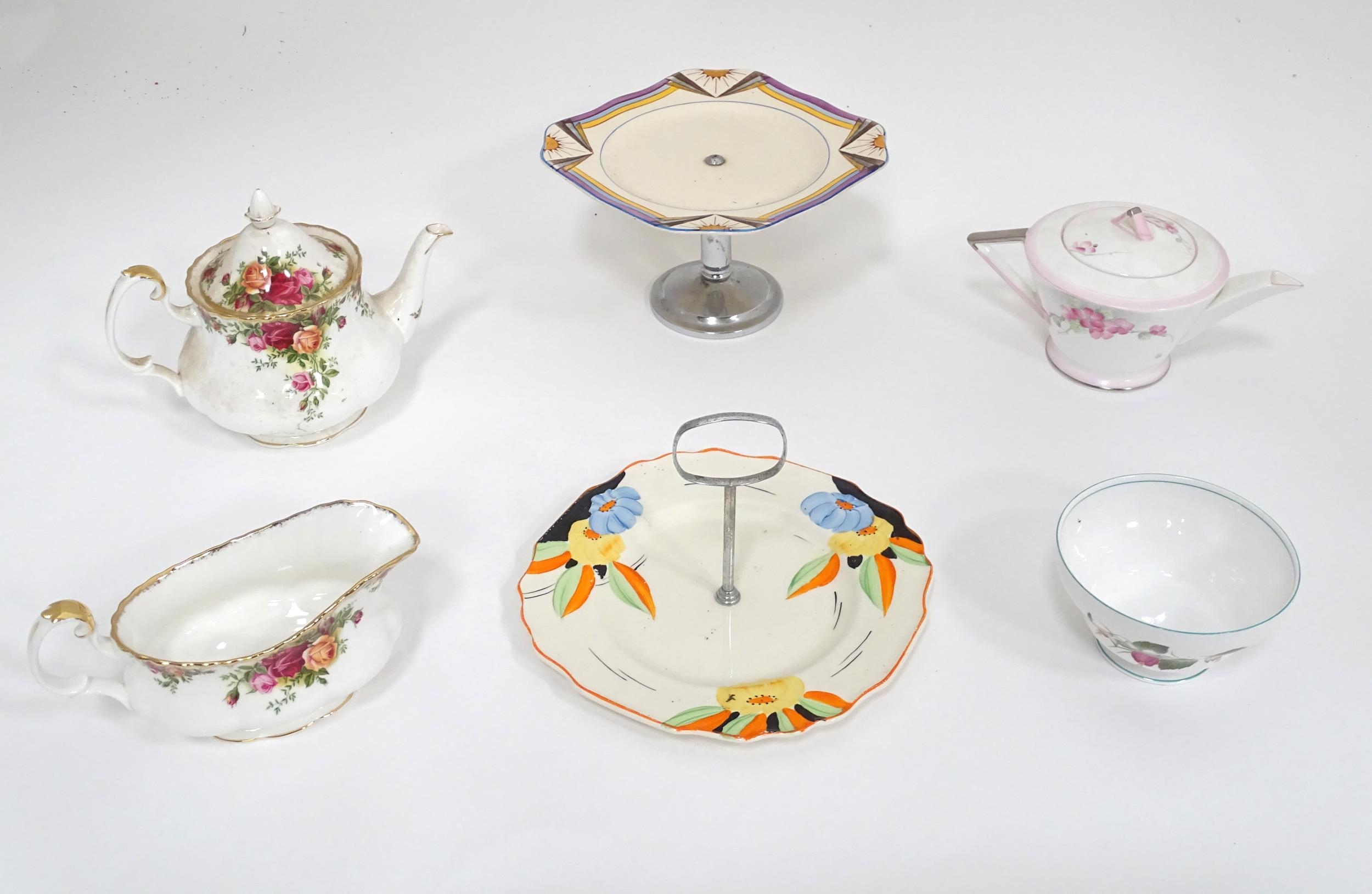 Assorted 20thC ceramics to include an Art Deco Shelley Apple Blossom teapot, Myott & Son cake stand,