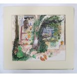 C. Fawcett, 20th century, Layered watercolour, A garden scene with trees, birds, a cat, and teddy