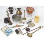 Assorted metalware to include skimmer, spirit kettle and stand, Guernsey cream jug, etc. Please Note