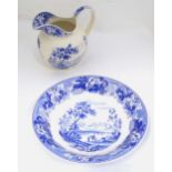 A Wedgwood Queenware blue and white washbowl and jug Please Note - we do not make reference to the