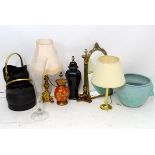 Assorted items to include table lamps, coal scuttles, a glass vase and a painted jardiniere Please
