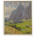 Indistinctly signed, Early 20th century, Alpine School, Oil on canvas, The Harvest, A mountainous