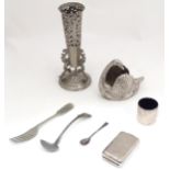 Assorted silver plated items to include swan tea light holder, a fork with armorial for Merryflats