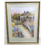 A watercolour depicting a thatched cottage with a flower garden signed lower Gill Lehentren?