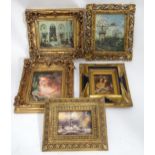 Five assorted prints, oleographs etc. in gilt frames, to include Kittens playing with a guitar after