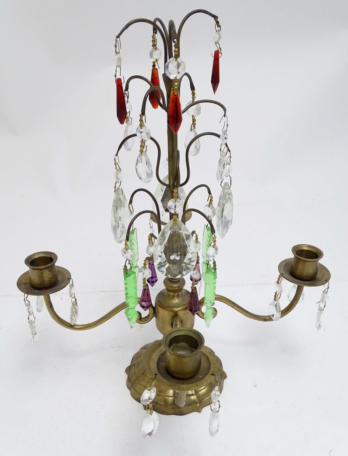 A 20thC brass candelabra / candelabrum with four branches and cups, decorated with red, green, - Image 4 of 10