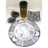 Five assorted ceramic items to include a studio pottery vase of cylindrical vase with a drip glaze