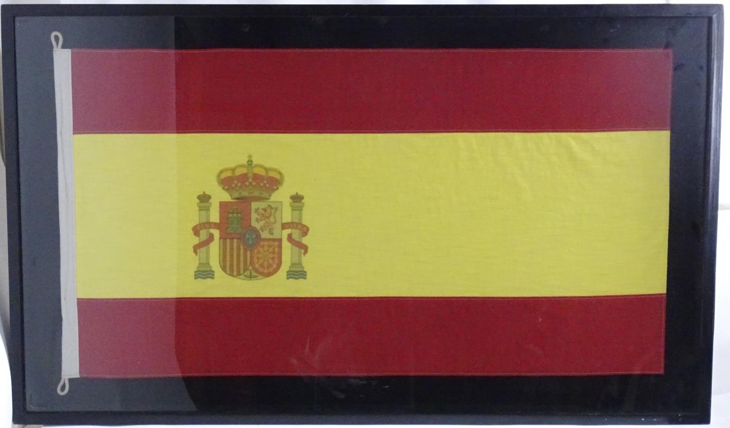 A late 20thC Spanish Flag (Rojigualda , Bandera de Espana ), within a shadow box frame measuring