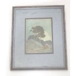 A colour print depicting a figure on horseback besides trees. Label verso ' From Arabian Nights By