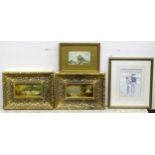 Four assorted pictures comprising two oil on board paintings depicting country cottage scenes,