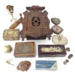 A quantity of miscellaneous items to include carved bowls, shoe last, boxes, carved wall hanging