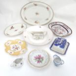 A quantity of assorted ceramics to include a blue and white cheese / butter dish, meat plate,
