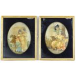 Two 19thC oval silkworks, with needlework and watercolour highlights, one depicting two figures