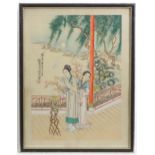 Oriental School, Watercolour, Two women on a garden terrace with a censor on carved stand. Character