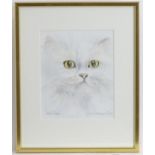 June Crawshaw, 20th century, Watercolour and pencil, White Persian, A portrait of a cat. Signed