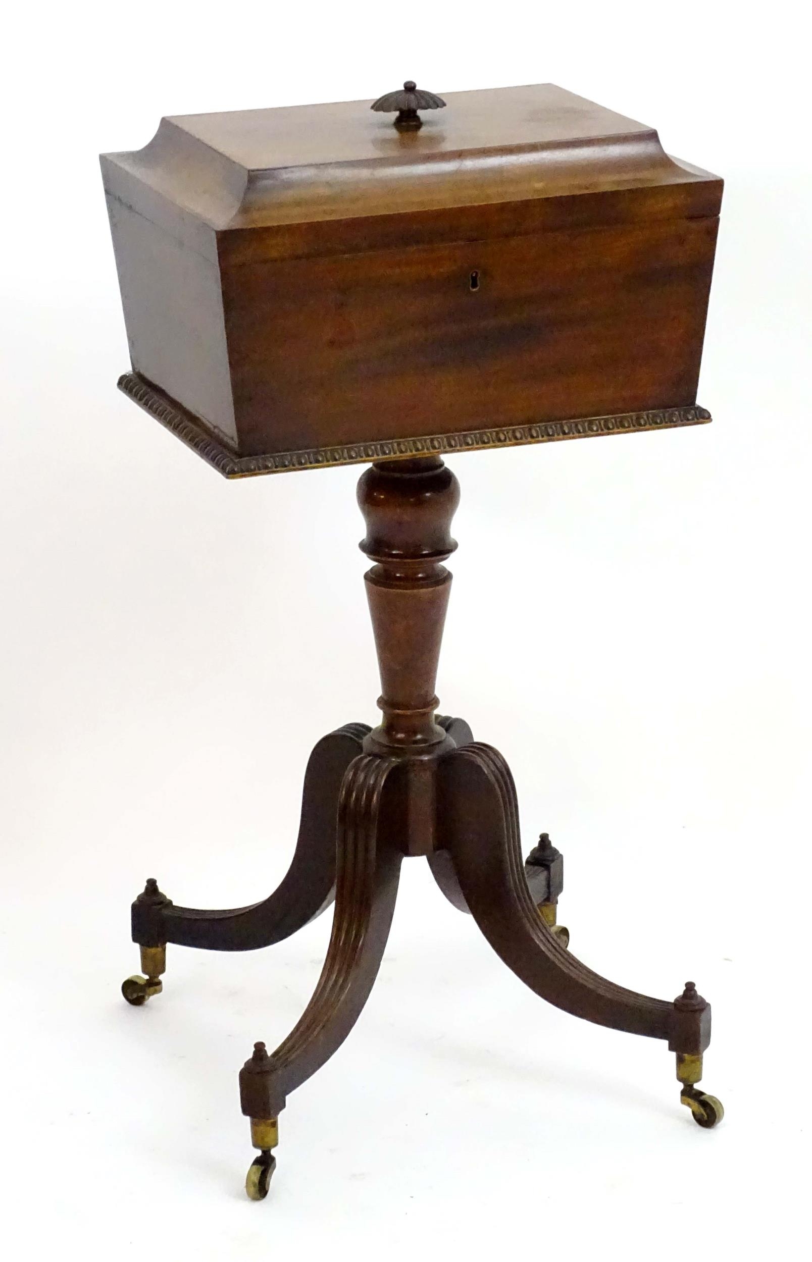 A Regency mahogany teapoy with a carved handle and sarcophagus shaped top, egg and dart mouldings - Image 2 of 6