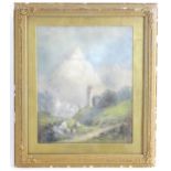 Late 19th century, Watercolour, An Alpine landscape with a church bell tower. Approx. 18" x 15 1/