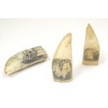 Scrimshaw Interest: A whale tooth with scrimshaw decoration depicting two 19thC battle ships
