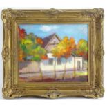 J. Varga, 20th century, Hungarian School, Oil on board, Miners Cottage behind a row of autumnal