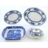 Three blue and white Dalrymple and Bisto wares comprising, meat plate, oval serving plate and lidded