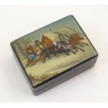 A late 19th / early 20thC Russian papier mache stamp box, the hinged lid decorated with a horse
