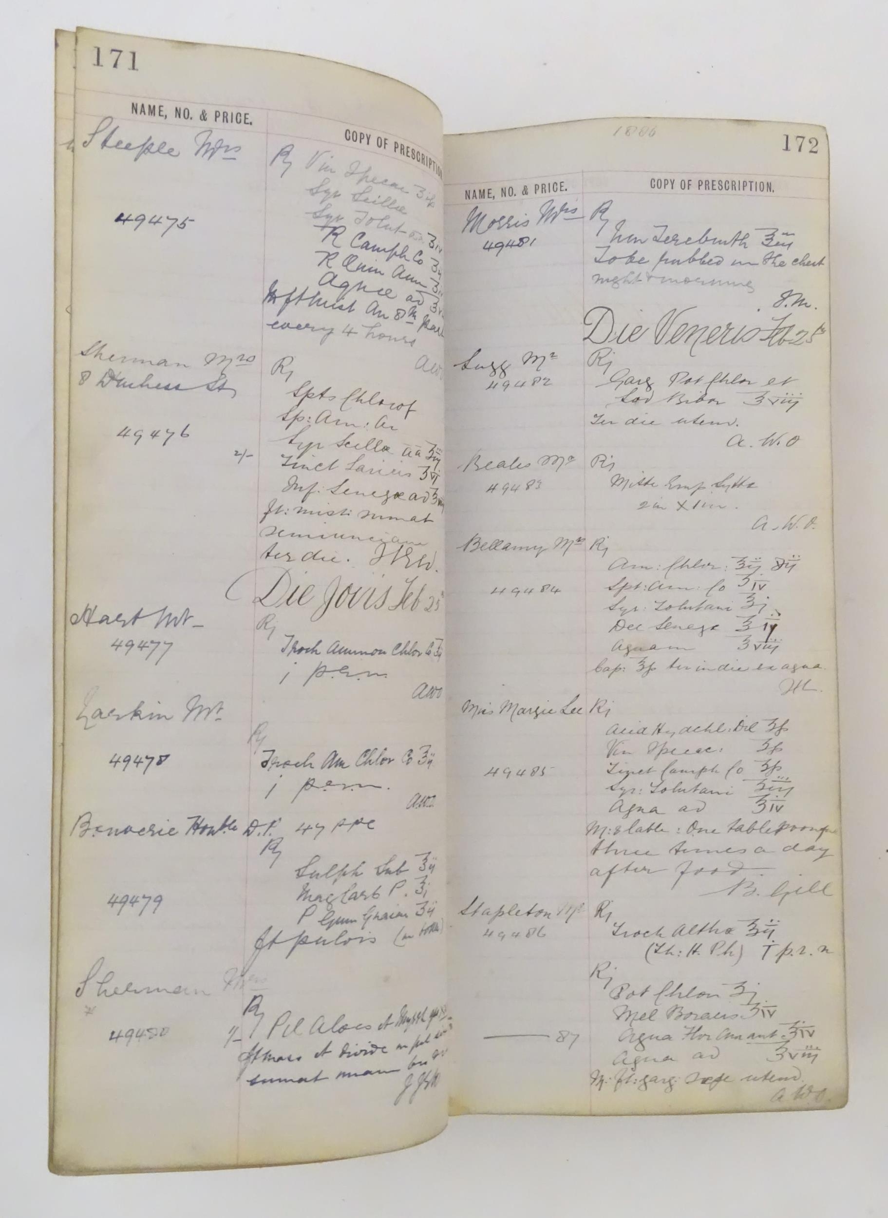 A 19thC English chemist / pharmacist / apothecary prescription ledger, dated 1885-1888. With - Image 13 of 19