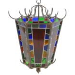 An early 20thC exceptionally large stained glass pendant lantern / light shade, of tapering