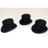 Vintage fashion accessories : Three black top hats, two by Alex. Prosser, The Hattery, Sunderland,