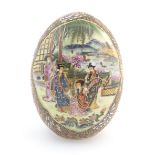 A Japanese model of an egg decorated with four ladies on a garden terrace playing musical