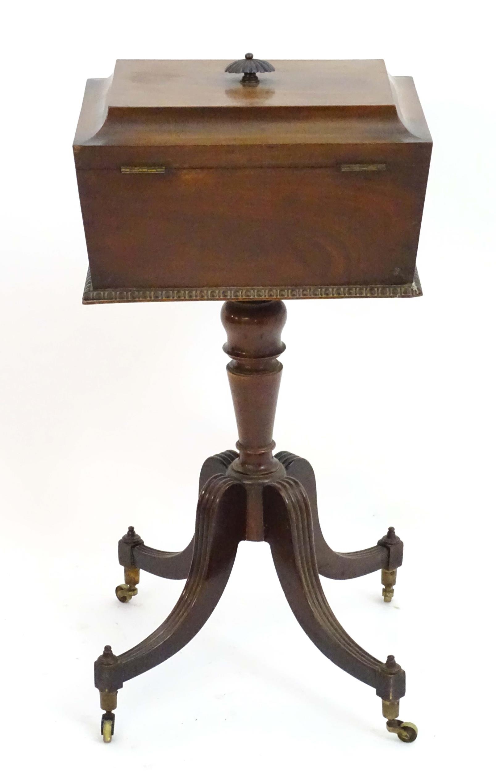 A Regency mahogany teapoy with a carved handle and sarcophagus shaped top, egg and dart mouldings - Image 6 of 6