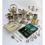 Assorted silver and silver plate to include a silver plate 3-piece tea set by Walker & hall, egg