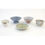 A quantity of assorted tea bowls etc., comprising a Turkish Kutahya ware saucer with foliate detail,